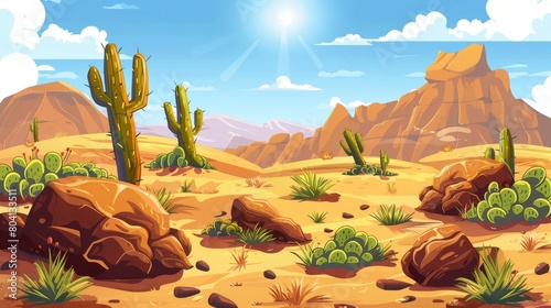 This cartoon modern illustration shows a drought sandy scene with wild cacti and grass in an Arizona desert landscape bordered by brown rocks and sand dune hills.