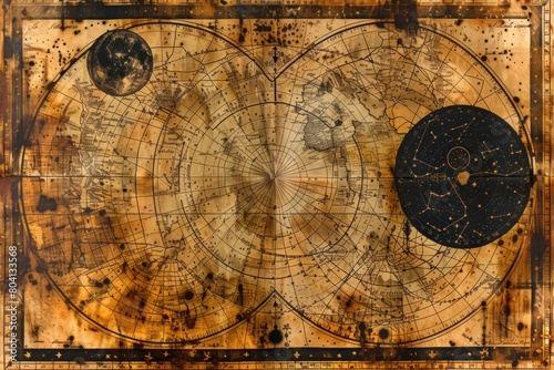 A celestial map, drawn in black ink upon weathered parchment, charts the course of the stars and the paths of destiny for each zodiac sign.