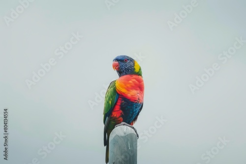 Colorful rainbow lorikeet perched gracefully against a clear sky background