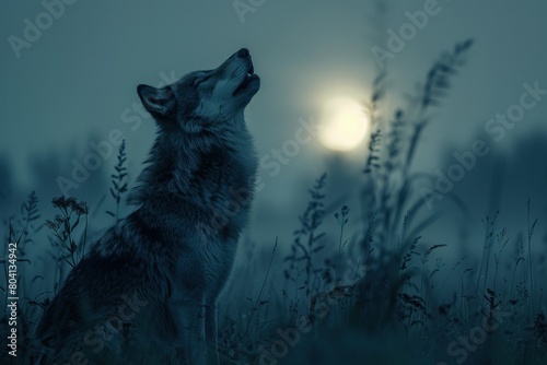 A lone wolf, its fur as dark as the night itself, howls mournfully beneath the glow of the full moon, its call echoing through the zodiac's domain.