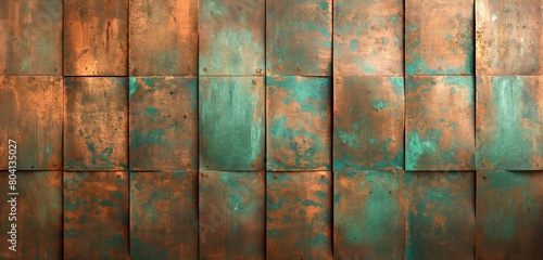 A metallic, copper wall background, its surface lightly patinated to reveal verdigris accents.