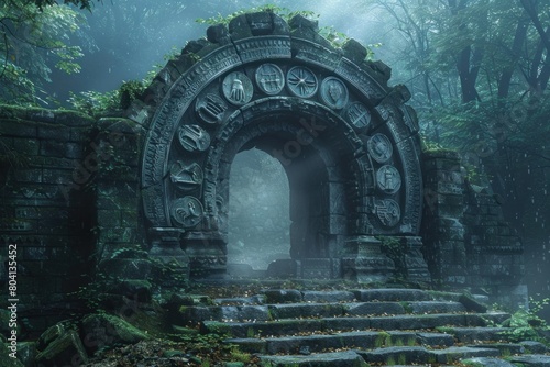 A mystical forest, shrouded in darkness, conceals ancient ruins adorned with carvings depicting the zodiac signs, a testament to forgotten lore.