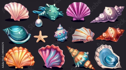 The set depicts mollusks, snails, oyster shells, mollusks with pearls, and seashells on black background.