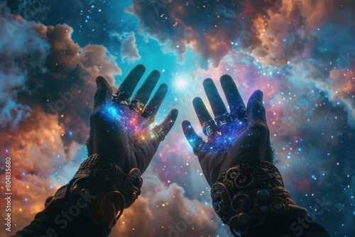 A pair of hands, adorned with rings depicting the twelve zodiac signs, reach out towards the cosmos, as if grasping for answers from the stars.