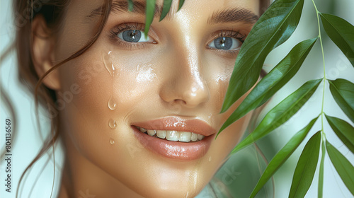 Beauty skin shoot, woman with one green leave near face and body, late 20s, white, smiling, clean shiny perfect skin. Generative AI.