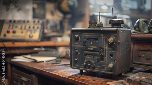 A vintage military radio set on an old desk.
