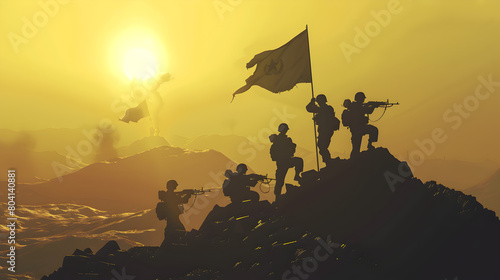 Soldiers raising a flag on a conquered hilltop.