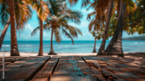A photo shows an empty wooden table top with a slightly blurry background of beach coconut trees, Ai Generated Images