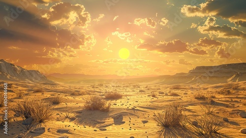 beautiful sunset in the desert with a clear blue sky and golden sand dunes.