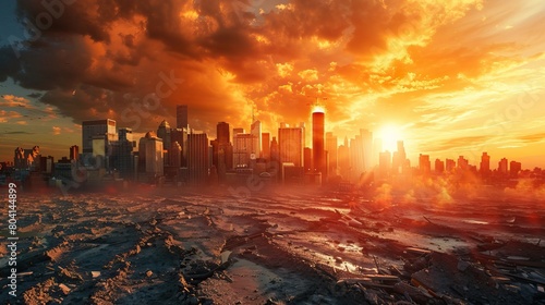 A post-apocalyptic city. The sky is orange. The buildings are in ruins. The ground is cracked.