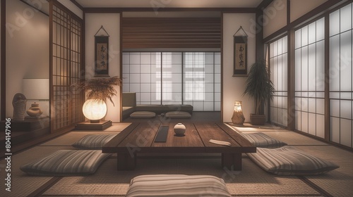 A minimalist, Japanese-inspired living space with tatami mats, a low wooden table, floor cushions.