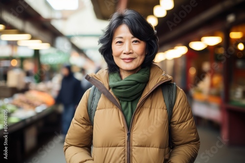 Portrait of a content asian woman in her 60s sporting a quilted insulated jacket over bustling farmer's market