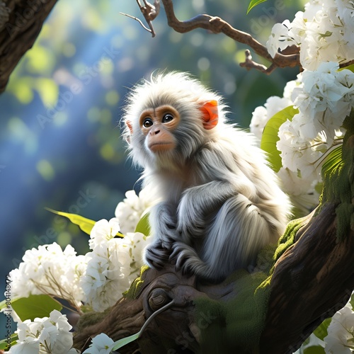  cotton head monkey perched-on a gnarled tree branch fluff of white fur mimicking a cotton ball bac