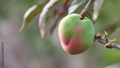 Closeup of a green peach fruit, Prunus persica, developing on a tree branch