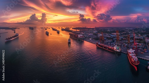 A panoramic aerial view of a port city at sunset, with cargo ships lined up along the docks and the sky ablaze with hues of orange and purple