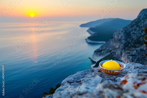 A lemon tart on a cliff overlooking a turquoise sea at dawn.