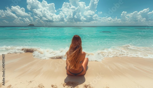  Beautiful Girl relax on summer day at the sea beach with white sand. summer vacation fun sea beach