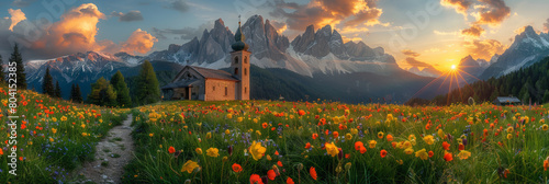  mountain landscape nature background, old stone church with mountain background, surrounded by lush green grass and vibrant flowers under the majestic peaks