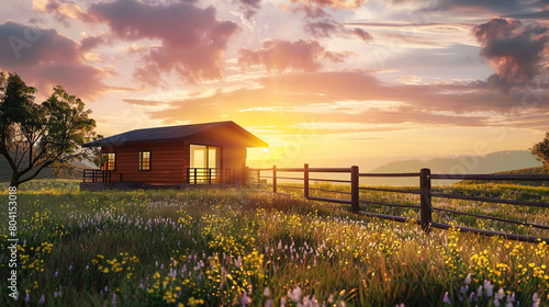 Modern Wooden House at Sunrise in a Blossoming Meadow