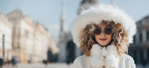 A stylish woman dons a fluffy white fur hat and matching coat, accessorized with sunglasses, against a blurred urban background.