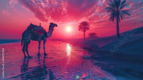 Lantern in the desert at night with camel, ramadan kareem banner background concept