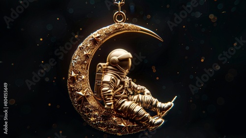 An exquisite gold pendant in the shape of a crescent, adorned with a miniature astronaut 8K , high-resolution, ultra HD,up32K HD