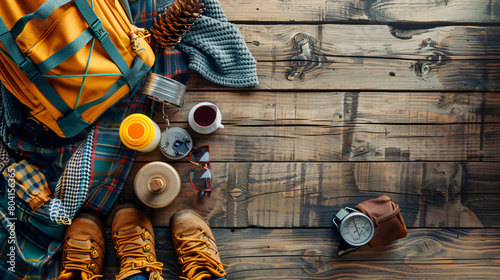 Composition with items and clothes for hiking on wooden table