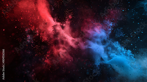 Red and Blue Powder Collide with Black Background