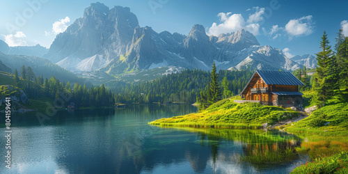  a wooden house beside serene lake with mountain background. Wood cabin on the lake , lake in the mountains, natural landscapes. Nature background
