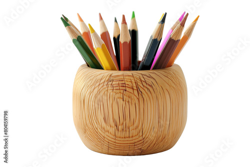 Colored Pencils in Wooden Holder - Isolated on White Transparent Background, PNG 