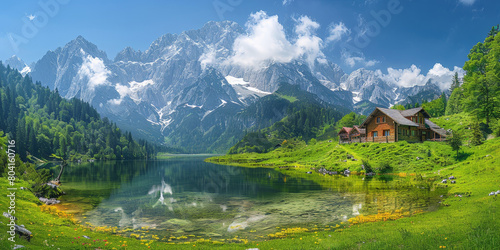  a wooden house beside serene lake with mountain background. Wood cabin on the lake , lake in the mountains, natural landscapes. Nature background