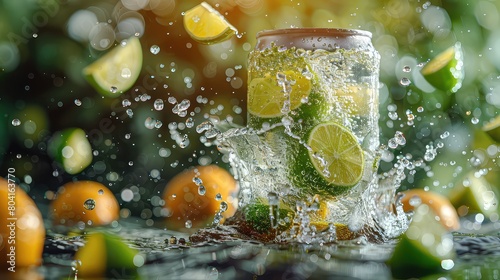 can mockup white plain soft-drink can 330ml floating, whole lemons and limes in the air scattered, vibrant background of yellow and lime green colour, tropical vibes