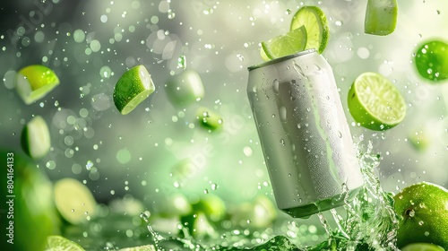 can mockup white plain soft-drink can 330ml floating, whole lemons and limes in the air scattered, vibrant background of yellow and lime green colour, tropical vibes