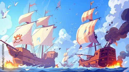 Ship battle cartoon banner. Pirate wooden boat with jolly roger flag attacks brigantine with cannon fire, corsair war, burning frigates with flames and ragged sails. Modern image.