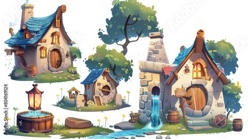 Set of gnome houses, wooden wheels and wells in a fairy tale village. Illustration of fantasy buildings, huts, lanterns and watermills isolated on white.