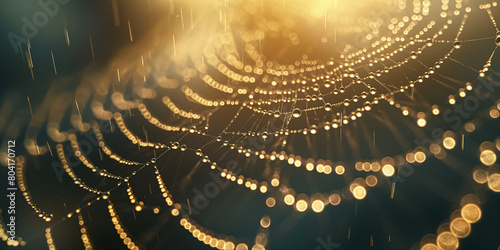 Spider web in close up with dew droplets and golden morning light. 