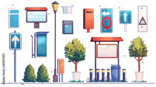 City elements, constructor. Bus stop with ads banners, traffic lights, road sign, barriers, bushes, litter bin and marble vase. Cartoon street urban decor isolated.
