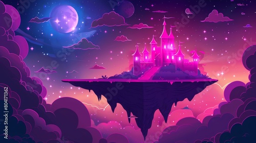 With fluffy clouds, stars, and the moon, a pink magic castle floats on an island in the darkness of the night sky. With flying ground pieces and the royal palace, it is a fantasy landscape in the