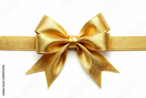 Golden bow with long ribbon on white background