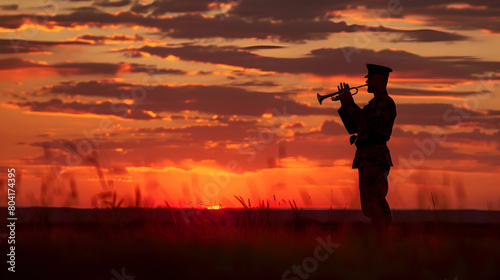 A silhouette of a soldier playing a bugle at dawn.