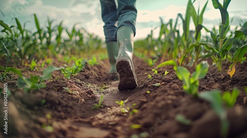 A farmer in galoshes strolls through a field of crops, overseeing his large agricultural enterprise.