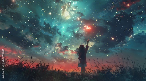 A whimsical digital painting depicting a young girl in a red dress reaching towards a glowing star amidst a magical, star-filled night sky.