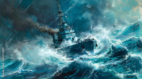 Illustration of a naval ship sailing through rough seas.