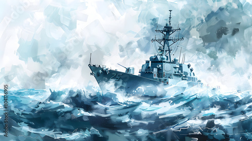 Illustration of a naval ship sailing through rough seas.