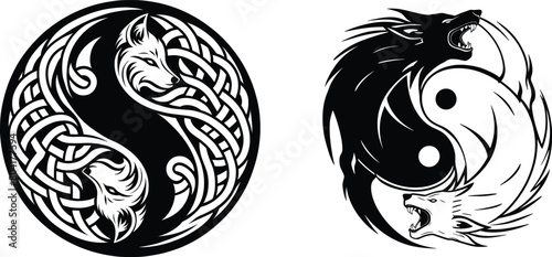 Set of celtic wolf with yin yang symbol, vector illustration.