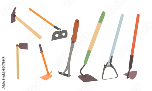 Garden tools and farming instruments flat vector icons set. Cartoon infographic elements of agriculture work equipment and plants cultivation hobby activity objects set of hoe . Isolated on white