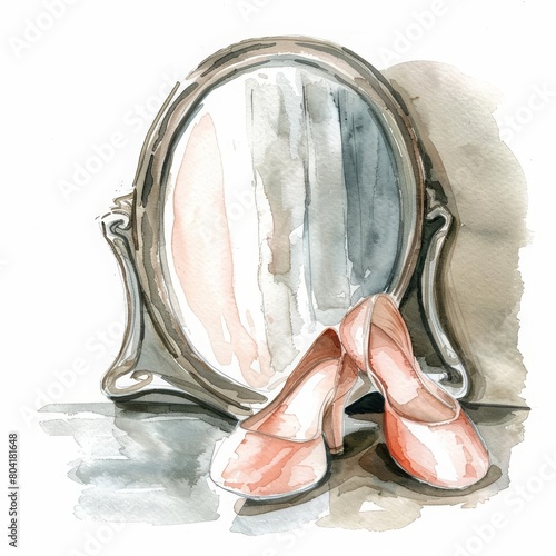 In this watercolor painting, a pair of ballet slippers lies beside a dance studio mirror, Clipart minimal watercolor isolated on white background