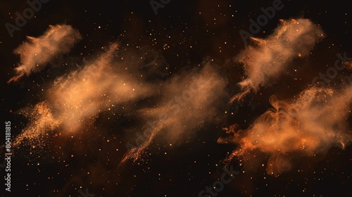 A brown dust cloud with sand and dirt particles on a black background. Texture of powder splashes and flows. Abstract smoke and dust splatters.