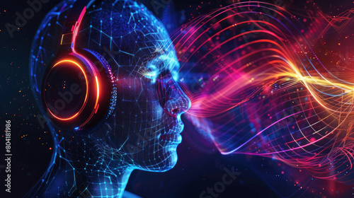 Abstract technology music, haptic feedback devices synchronize with sound waves, allowing listeners to feel the music through vibrations and tactile sensations.
