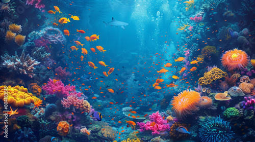 coral reef and fishes in the blue sea